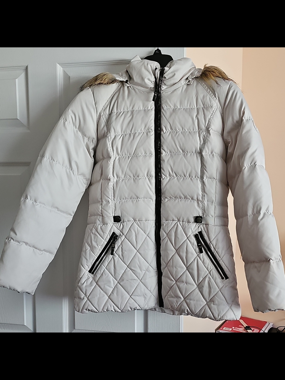Larry Levine Cream Quilted Hooded Puffer Coat with Faux-Fur Trim